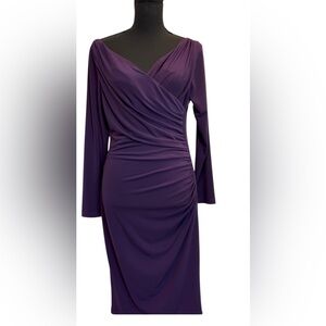 Enchante purple wrap style ruched jersey midi cocktail dress Sz 8